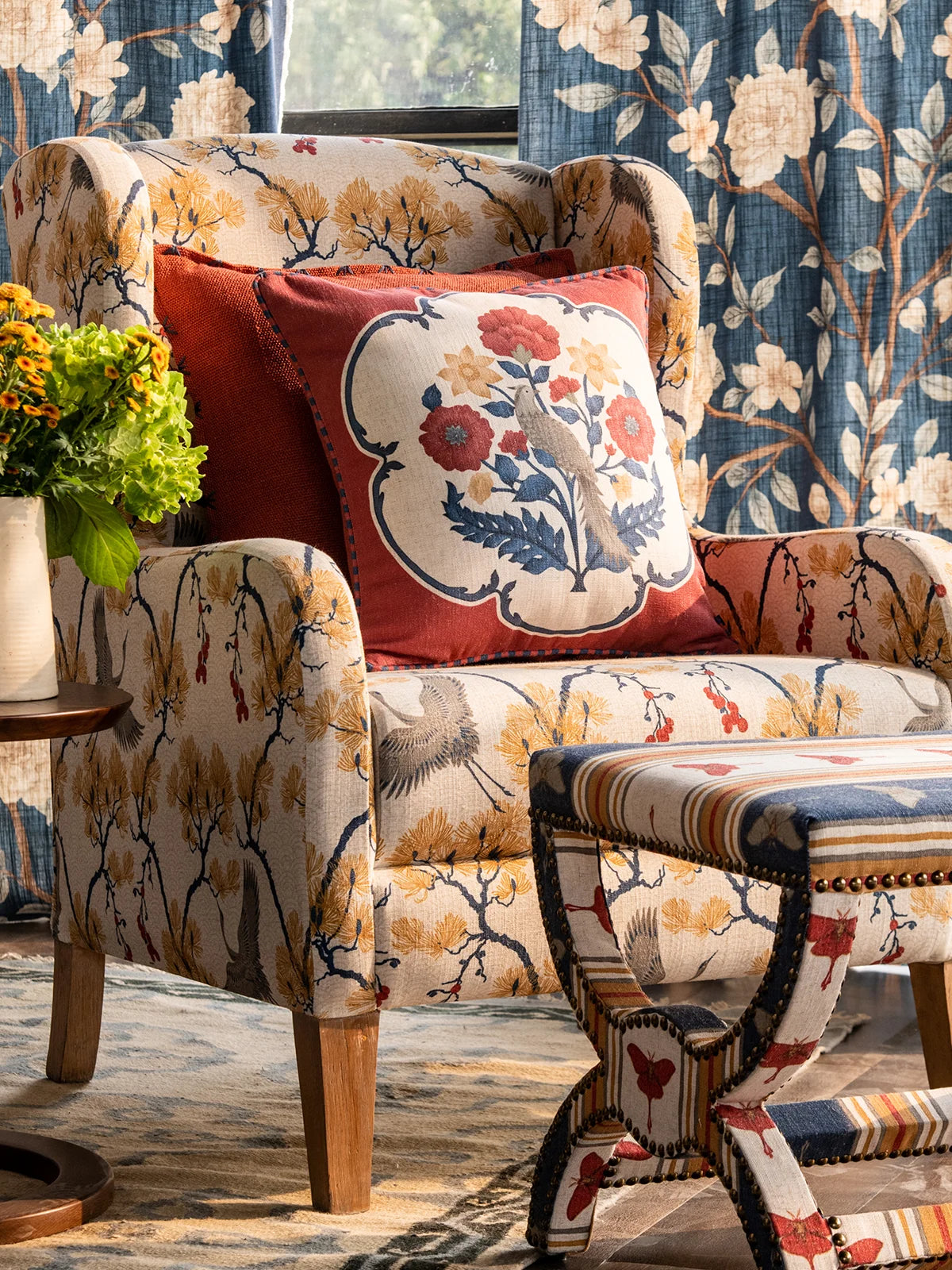 Willow Bird Cushion Cover - Crimson