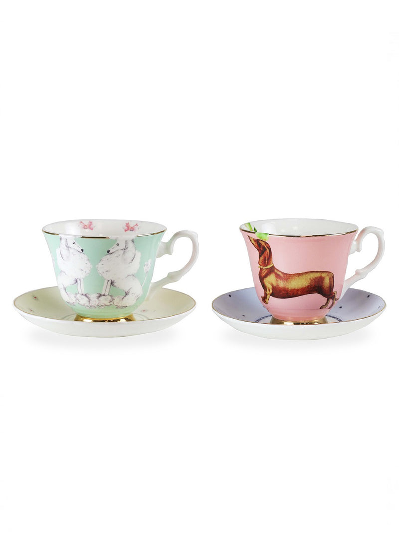 YE Sausage Dog and Poodle Teacup and Saucers (Set of 2)