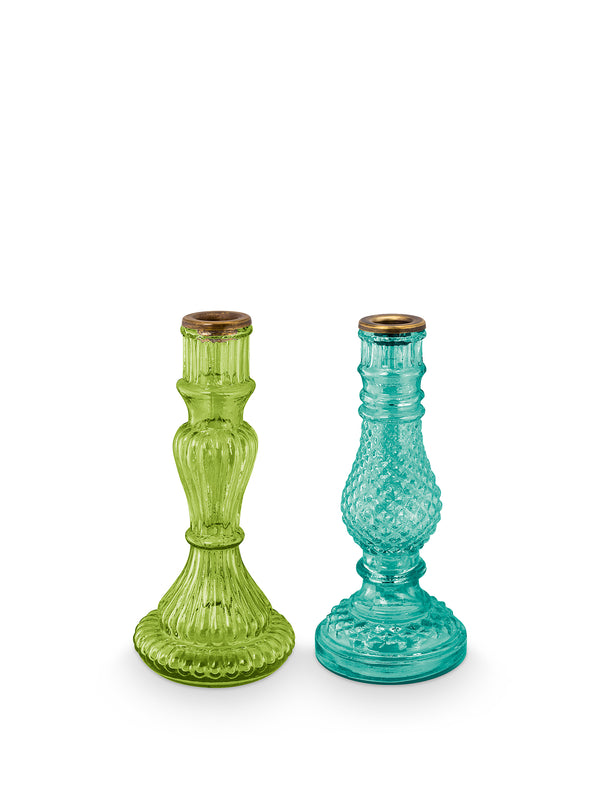 Glass Candle Holder(Set of 2)-Blue, Green