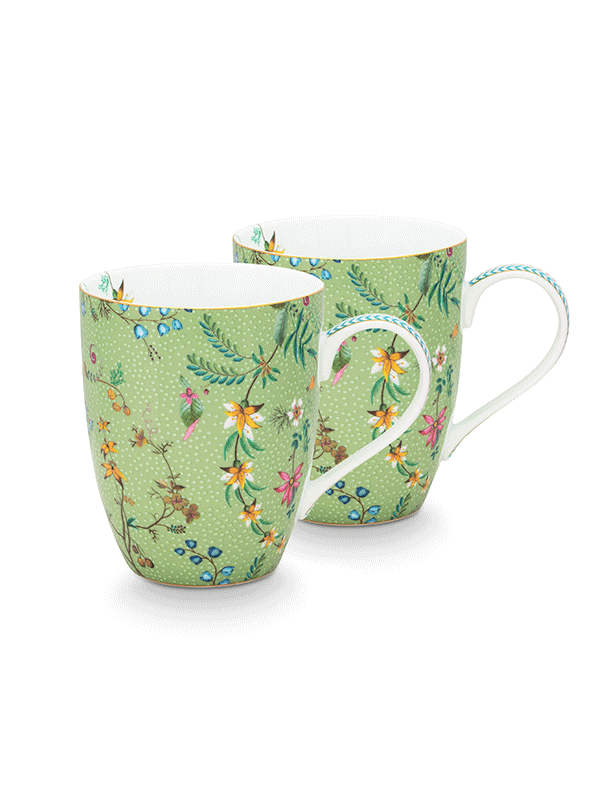 Jolie Flowers Green Mugs-L (Set of 2)