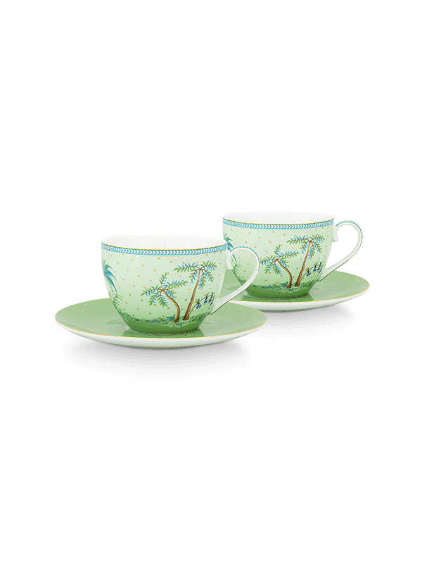 Jolie Dots Green Cups & Saucers (Set of 2)