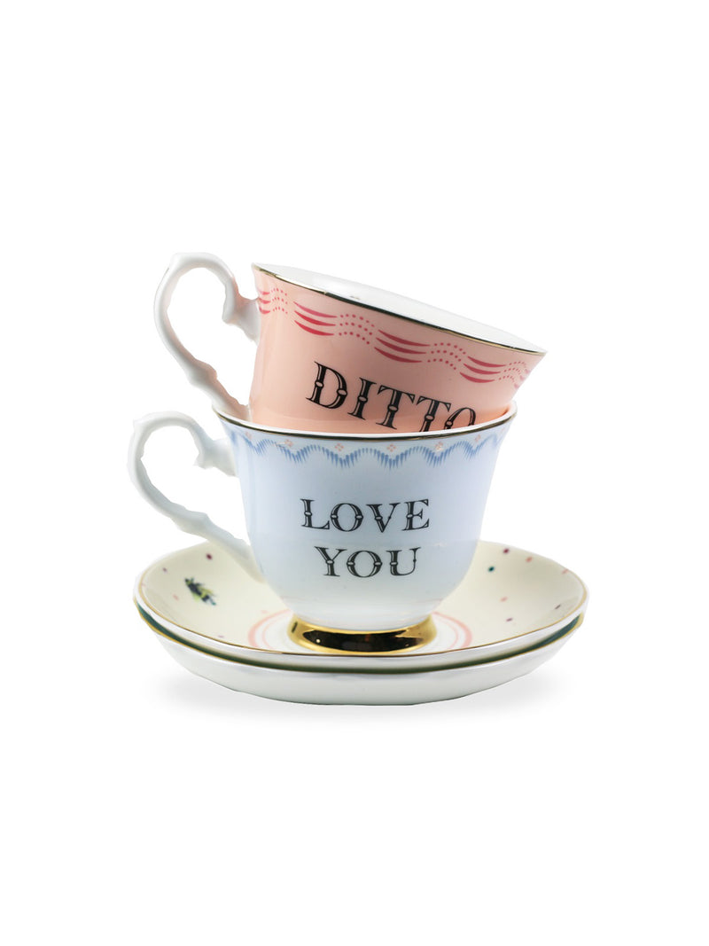 YE Love You and Ditto Teacups and Saucers (Set of 2)