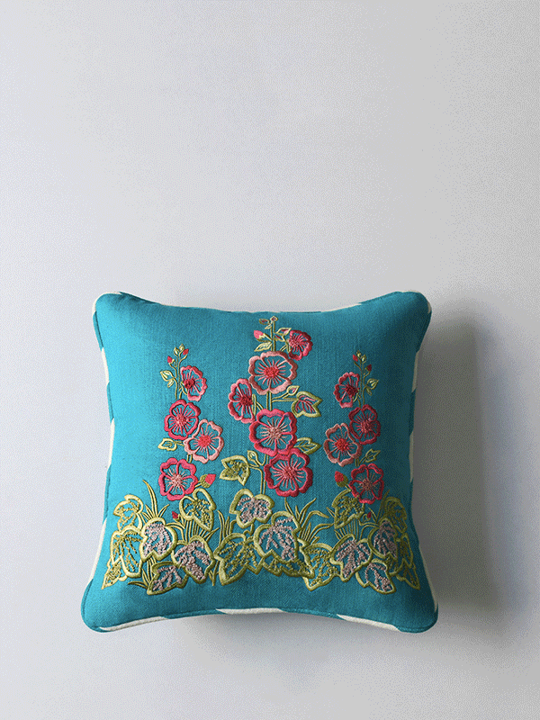 Wild Hollyhocks Cushion Cover (Turquoise)